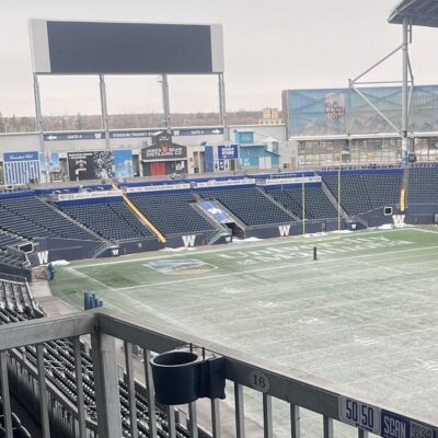 Superchute Snow slides installed in a football stadium.